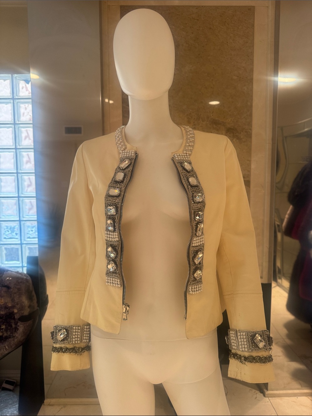 Dolce & Gabbana Cream Heavily Embellished Leather Jacket